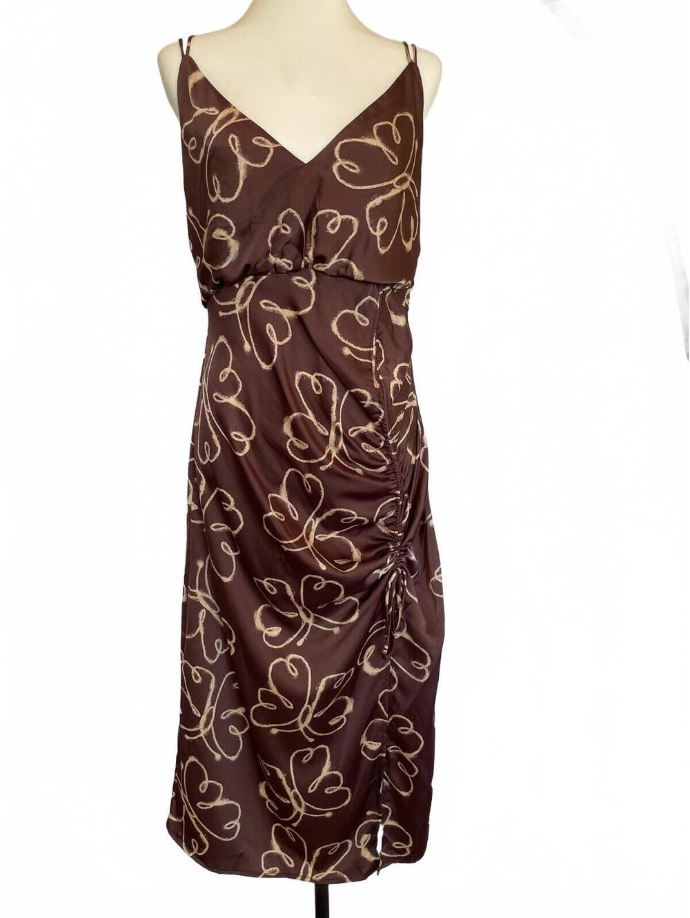 Urban Outfitters Brown Butterfly Print Midi Dress Large Ruched Tie Back NWT